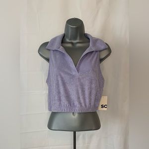 SO Purple Sleeveless Collared V Neck Crop Top Terry Shirt Womens Size Small NWT